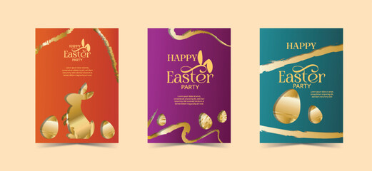 Happy Easter party invitation three  templates with gold bunny and egg silhouettes, flyer, cover, banner  brochure