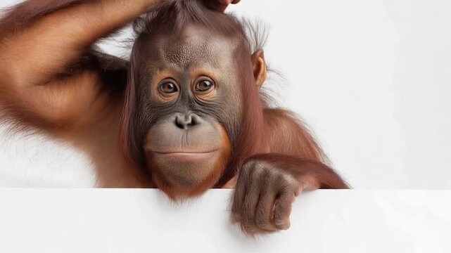 Adorable baby orangutan holding a blank white sign. The young primate scratches its head, displaying curiosity and funny expressions