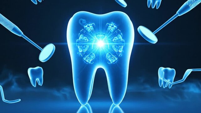 A glowing blue tooth surrounded by dental tools and equipment on a dark background representing dental care and health