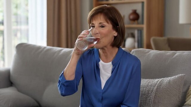 Healthy senior woman drinking a glass of pure water for hydration while sitting on the sofa at home and smiling at the camera