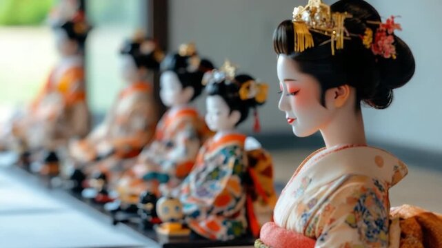Hinamatsuri display with tiered hina dolls and cherry blossom decorations in a traditional Japanese home. Girls' Day celebration, prayers for the health and happiness of girls with festive decorations