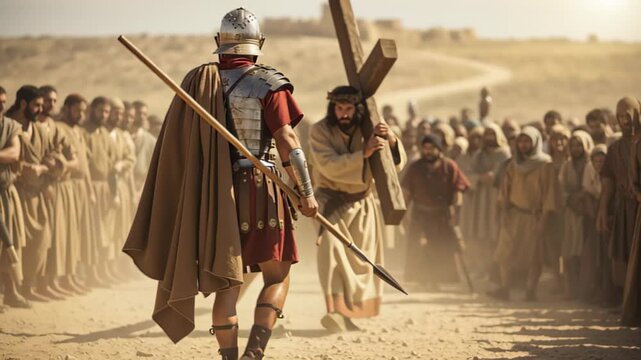 Roman soldier watching man carrying cross with crowd during passion week, religious christianity concept