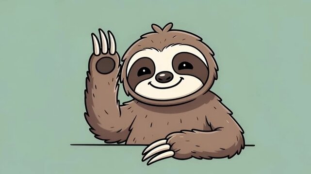 A cute sloth cheerfully waves hello with a friendly expression.