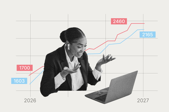 A businesswoman engages in an online meeting while expressing excitement over growth trends shown in a chart. The timeline ranges from 2007 to 2027, indicating significant increases.