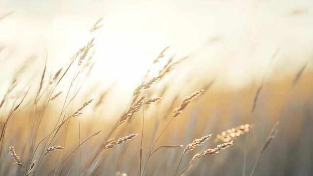 Golden sunbeams illuminate a summer field, creating a soft, warm glow through natural dry grass spikes swaying slightly in the gentle breeze at sunset, evoking a peaceful rural atmosphere