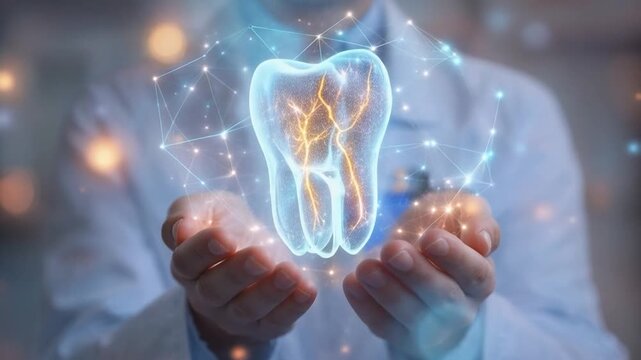 Dentist displaying holographic tooth with nerve technology for modern dental treatment and oral health diagnosis