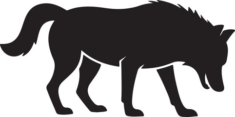 Obraz premium A curious black silhouette of a wolf bending its head down as if sniffing or foraging on the ground