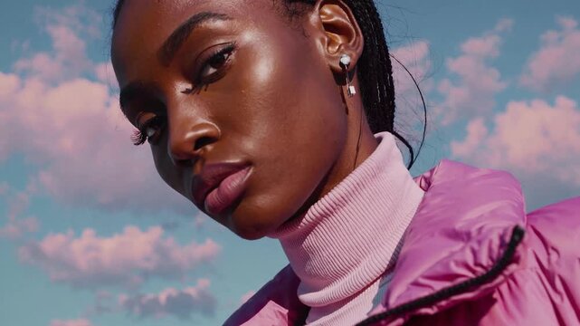 Fashionable african american woman posing in a pink puffer jacket against a dreamy sky with clouds