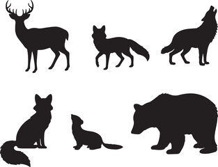 Obraz premium A group of six different black animal silhouettes including a howling wolf and a majestic deer