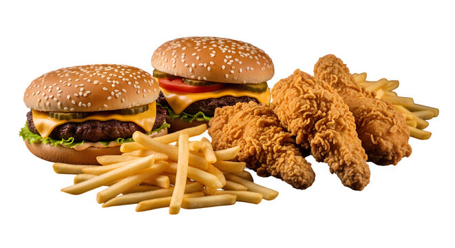 Two cheeseburgers, crispy fried chicken, and french fries on white background