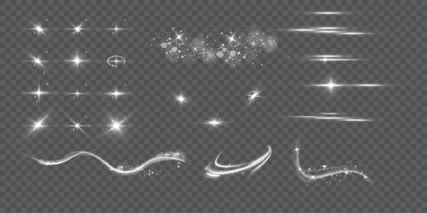 Obraz premium Light effects.Wind glare, explosions, shine, dust, lines, solar flares, sparks, sequins, stars, curved curls. Glow special effect of light