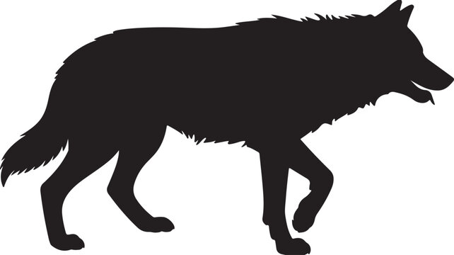 A sleek black silhouette of a wild wolf confidently walking across a pristine white background