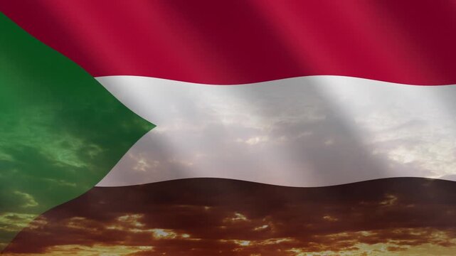 Flag of Sudan waving against a vibrant sunset, creating a patriotic and inspiring atmosphere with warm tones.