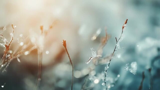 Delicate ice crystals coating sparse winter branches glimmering with numerous bokeh lights, creating a shimmering cold weather background with soft sunrise hues