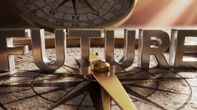 3d metallic word future on antique compass and map for navigation and success concept, 4k