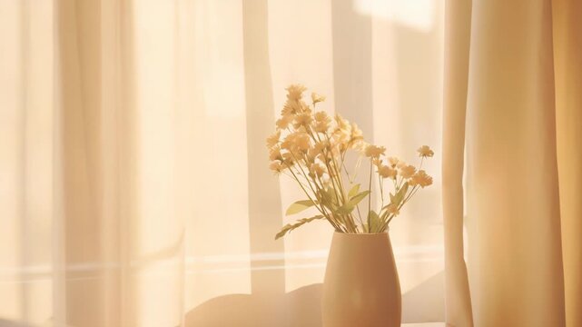 Vase of delicate flowers receiving soft, warm sunlight filtering through sheer window curtains, creating a calm and peaceful atmosphere with gentle shadows and diffused light