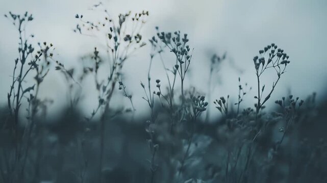 Delicate plant stems with tiny unopened flower buds creating a soft natural pattern, presenting a serene and tranquil scene with ample copy space and a refreshing cool color palette