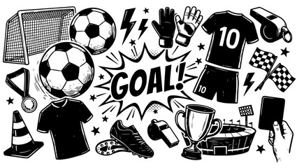 Soccer Black and White Icon Set – Football Sports Elements Vector Collection, soccer icons, football icons, soccer vector, football vector, sports icons, sports elements, soccer ball, goalpost,  © TalalAhmad