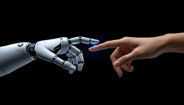Robot hand reaching to touch human hand with glowing connection