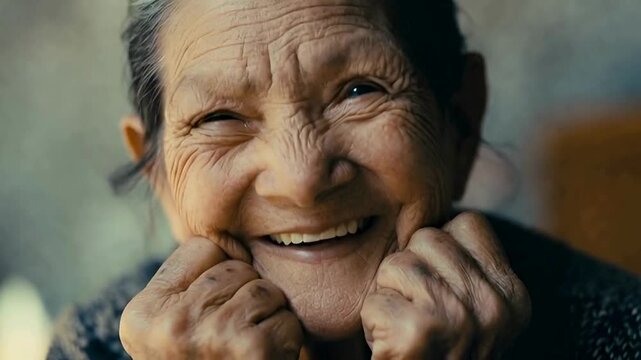 A radiant senior woman glows with warmth and contentment, showcasing the enduring beauty of experience. A close-up captures her captivating smile and reveals the depth of life's journey.