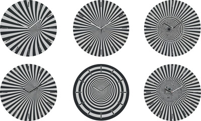 Set of six clocks with abstract black and white optical illusion spiral patterns on transparent background