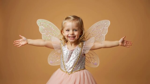 Happy little girl wearing pink fairy wings and sequin dress. Smiling blonde child with arms outstretched on beige background. Magic and fantasy concept