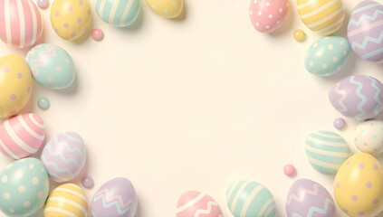 Pastel Easter eggs frame on a soft background. Easter concept. Festive spring composition with empty space for text.