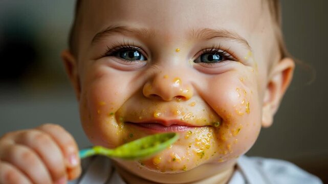 Close up portrait of a happy baby eating messy green puree with a spoon. Messy infant face covered in vegetable food during meal time. Healthy nutrition and weaning concept