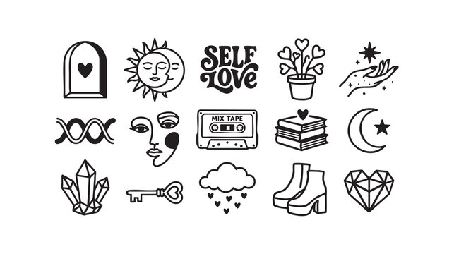 Self love doodle set with retro icons and mystical symbols