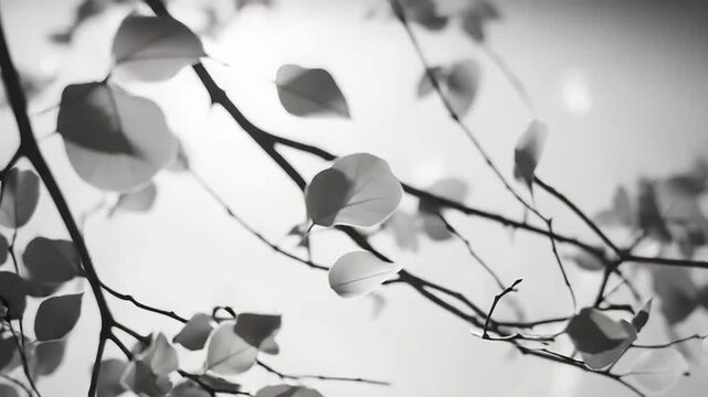 Delicate leaves on branches catching backlight against a soft, bright background, creating a serene and minimalist natural pattern with a peaceful zen aesthetic