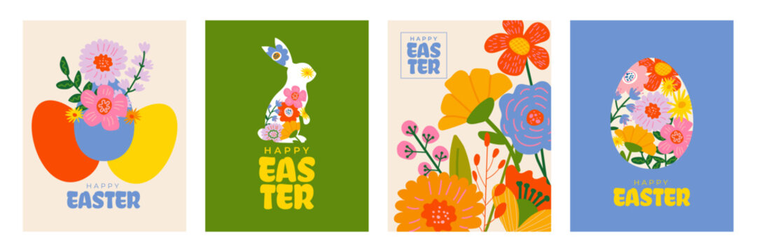 Happy Easter greeting card and poster set with bright spring colors, hand drawn flowers, eggs and cute bunny. Modern minimalist vector designs with typography for holiday covers and seasonal promotion