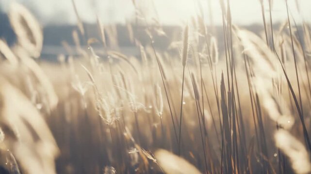Serene nature scene showing a field of common reed grass plumes backlit by soft, warm sunlight, creating a tranquil and peaceful atmosphere with golden and neutral tones