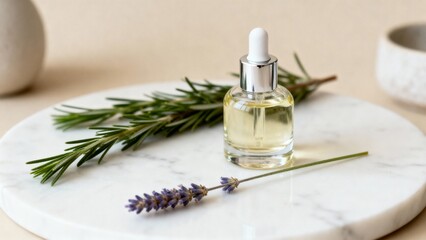 Fototapeta premium Minimal essential oil bottle with rosemary and lavender