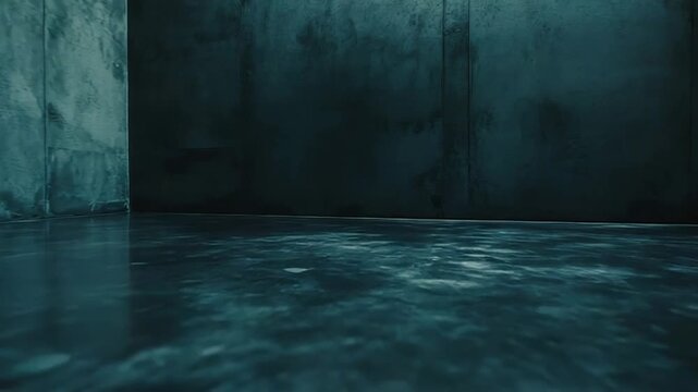 Dark, empty concrete room features grunge textured walls and a wet, reflecting floor under a subtle overhead light, creating a moody and mysterious atmosphere