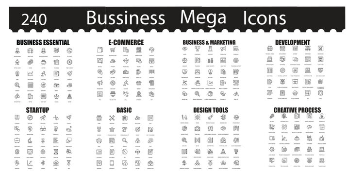 Business mega icons set, corporate, management, strategy, finance, teamwork, leadership, office, planning, project, productivity, organization, professional design editable stroke vector Illustration