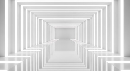 Fototapeta premium An intricate and extremely bright white corridor composed of multiple repeating square frames made of pure light, creating a complex tunnel effect.