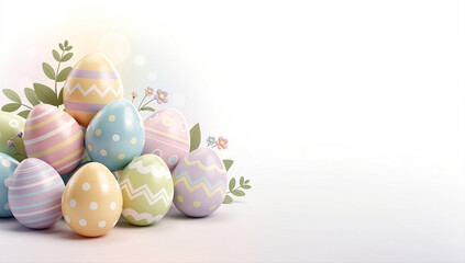 Pastel Easter eggs arranged with spring flowers. Easter concept. Soft festive composition with copy space.