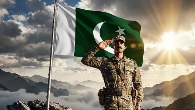 Soldier saluting pakistan flag on mountain peak with cloudy sky