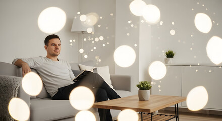 Man sitting in living room, soft white bokeh lights, calm and clean aesthetic