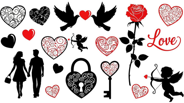 Couple embracing with hearts and cherubs surrounding them on valentine's day, symbolizing love and affection.