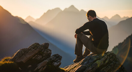 Man sitting on rock, soft mountain sunrise bokeh in background