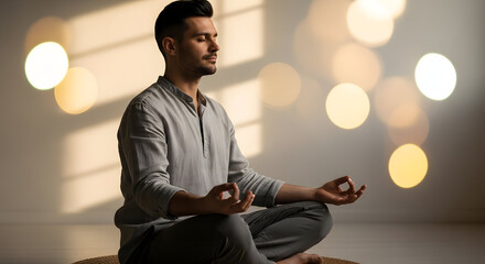 Man meditating indoors, soft white and golden bokeh, serene peaceful mood