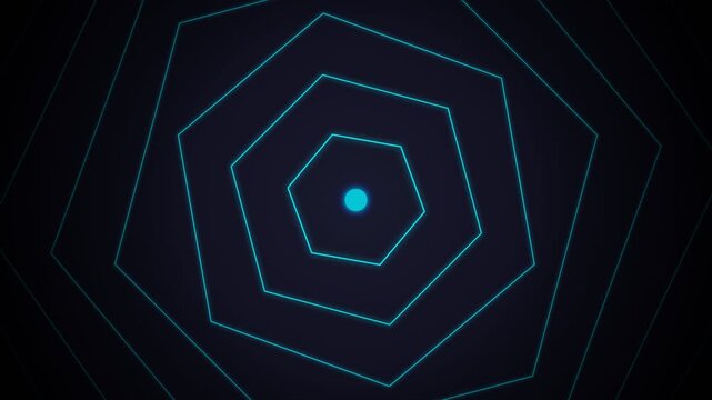 Dynamic view of concentric teal hexagon pattern with central dot against black background and white base, captured from a frontal perspective