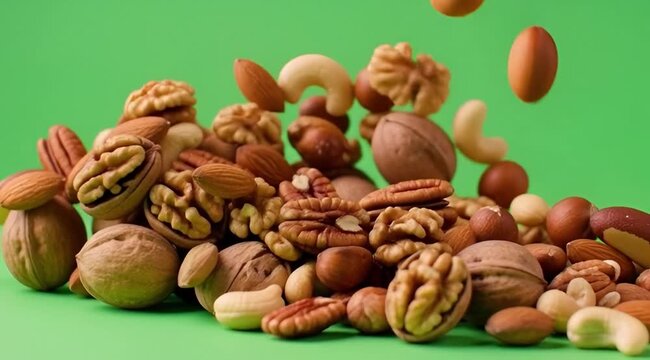 Mixed Nuts Falling and Piling Up Against Green Screen, Cinematic Motion