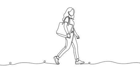 Fototapeta premium Line art of young caucasian female walking with bag. Non editable stroke