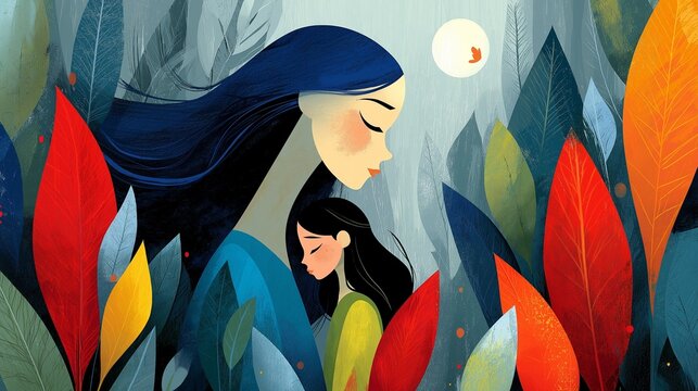 Femme aux longs cheveux bleus tenant un enfant dans un paysage color&eacute; et po&eacute;tique