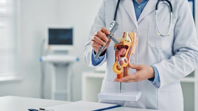 Doctor holding anatomical model of human ear and otoscope in medical office
