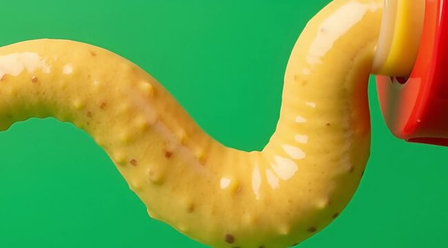 Mustard Squirting from Bottle in Cinematic Motion Against Green Background