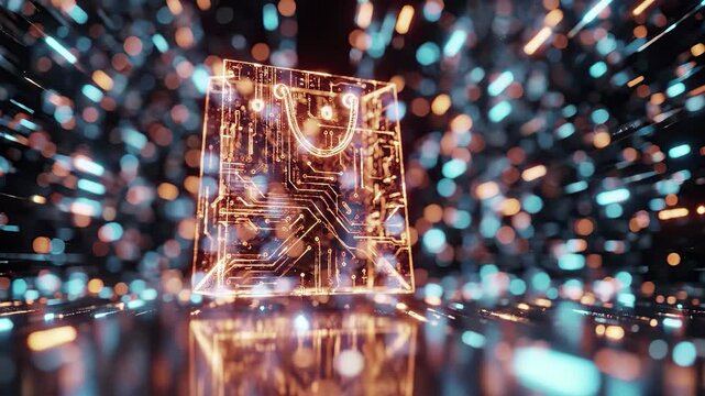 Digital shopping bag with circuit board pattern in abstract light tunnel, 4k