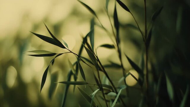Bamboo foliage filling the frame, creating a natural green pattern with soft, out of focus yellow light spots in the background, conveying a tranquil and organic aesthetic
